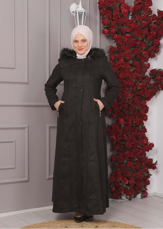 FURRY HOODED ZIPPERED OVERSIZED SUEDE TOPCOAT 1354 Siyah