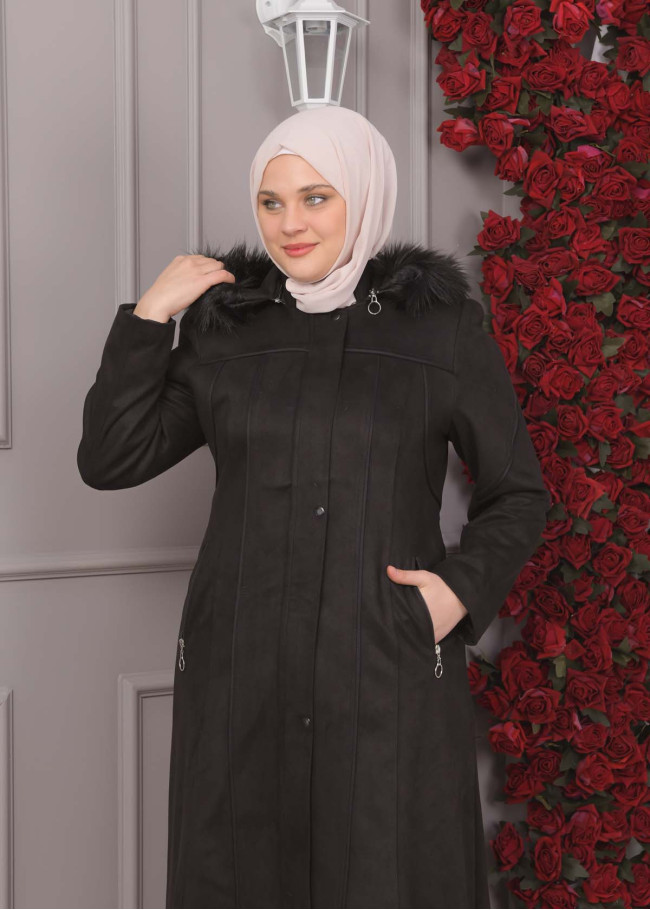 FURRY HOODED ZIPPERED OVERSIZED SUEDE TOPCOAT 1354 Siyah