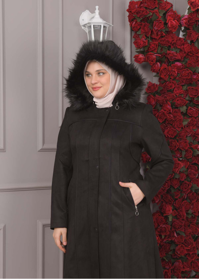 FURRY HOODED ZIPPERED OVERSIZED SUEDE TOPCOAT 1354 Siyah