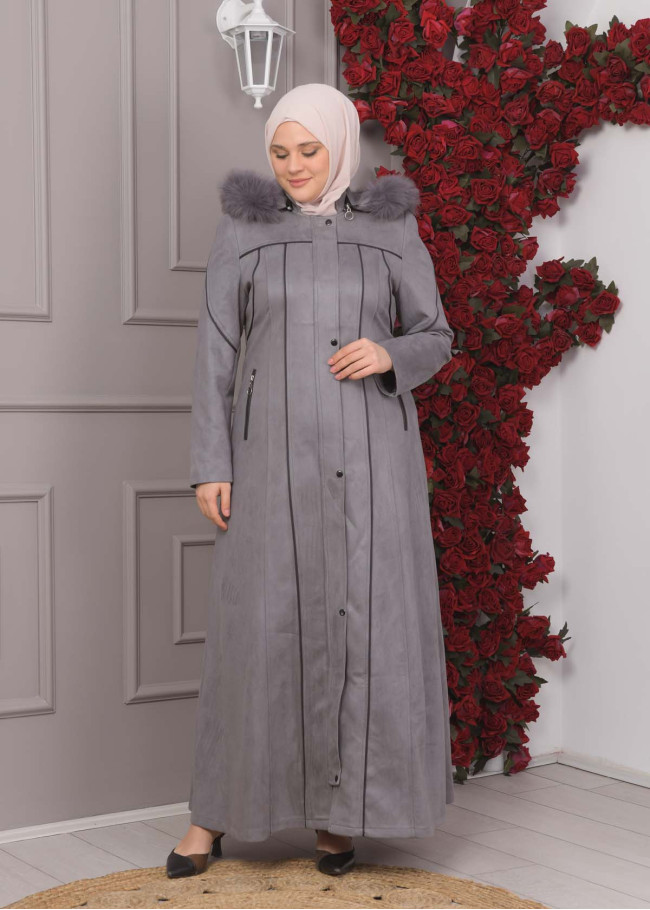 FURRY HOODED ZIPPERED OVERSIZED SUEDE TOPCOAT 1354 Gri