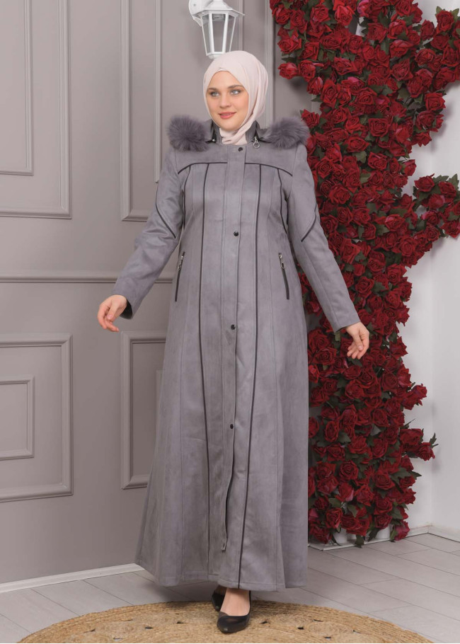 FURRY HOODED ZIPPERED OVERSIZED SUEDE TOPCOAT 1354 Gri