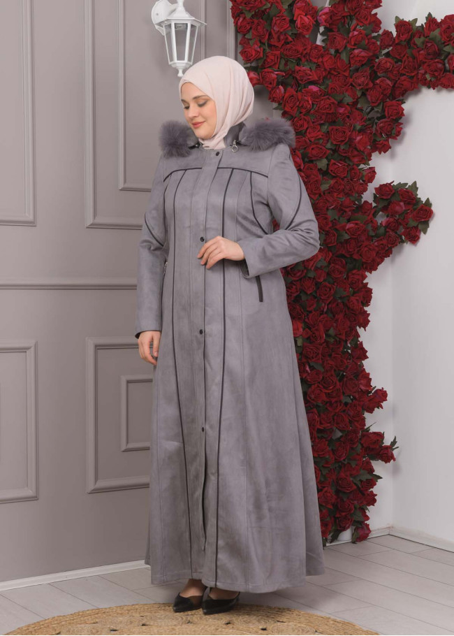 FURRY HOODED ZIPPERED OVERSIZED SUEDE TOPCOAT 1354 Gri