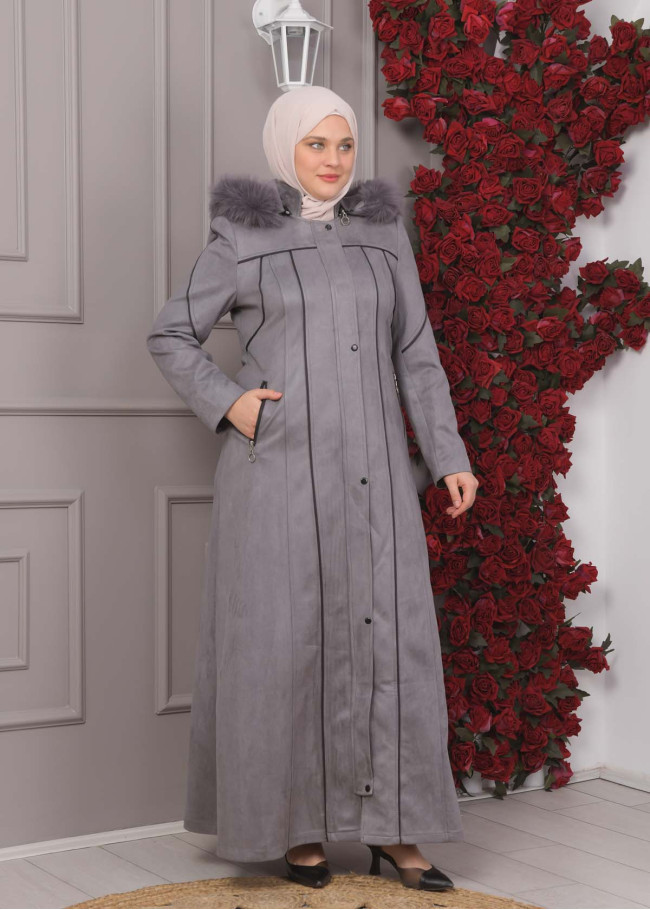 FURRY HOODED ZIPPERED OVERSIZED SUEDE TOPCOAT 1354 Gri