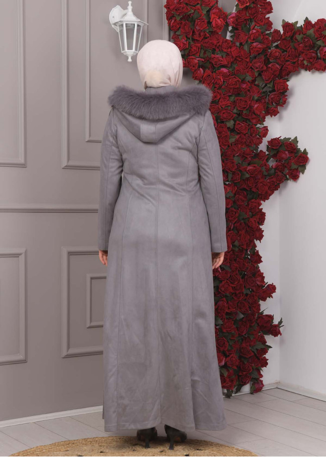 FURRY HOODED ZIPPERED OVERSIZED SUEDE TOPCOAT 1354 Gri