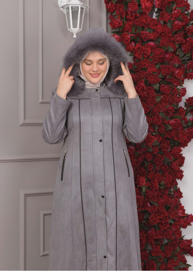 FURRY HOODED ZIPPERED OVERSIZED SUEDE TOPCOAT 1354 Gri