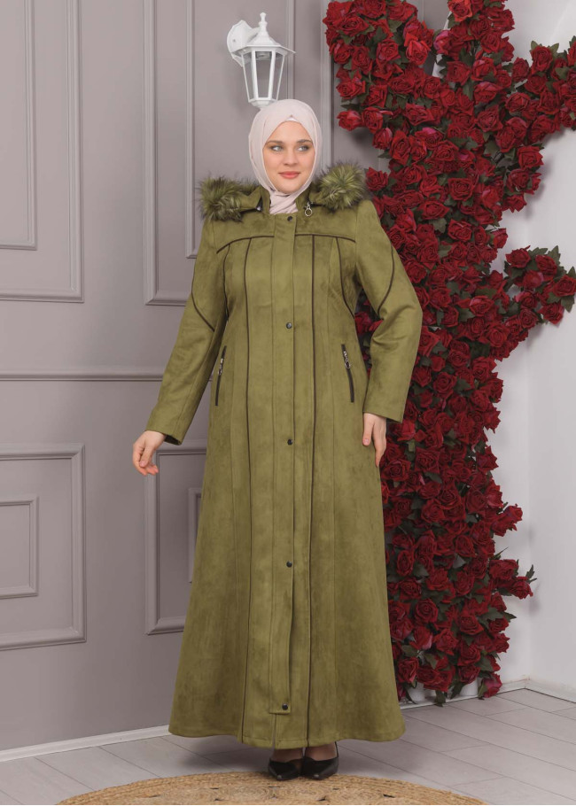 FURRY HOODED ZIPPERED OVERSIZED SUEDE TOPCOAT 1354 Haki