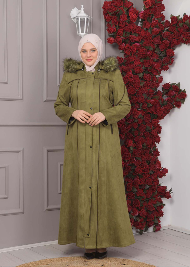 FURRY HOODED ZIPPERED OVERSIZED SUEDE TOPCOAT 1354 Haki