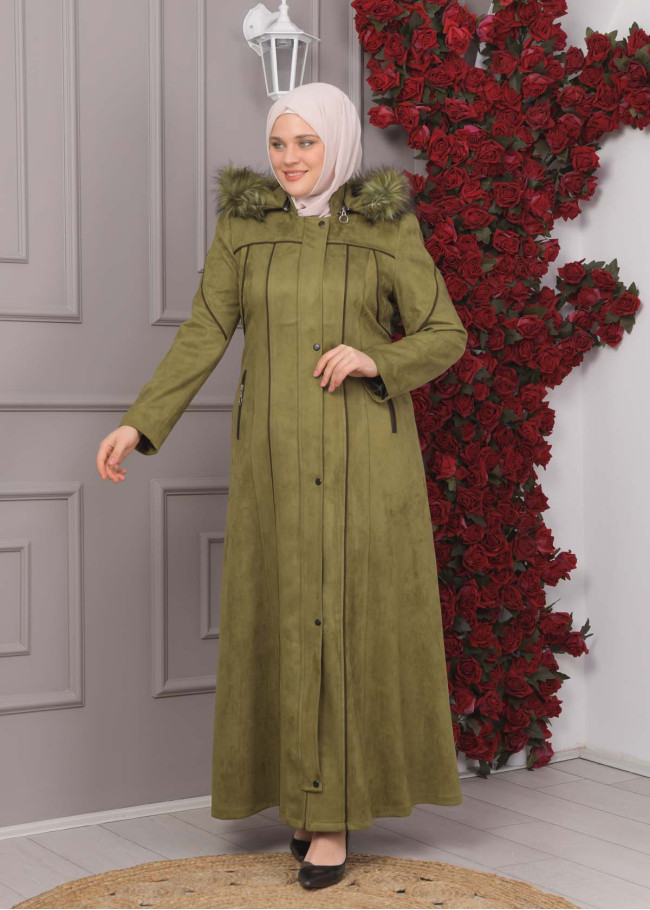 FURRY HOODED ZIPPERED OVERSIZED SUEDE TOPCOAT 1354 Haki