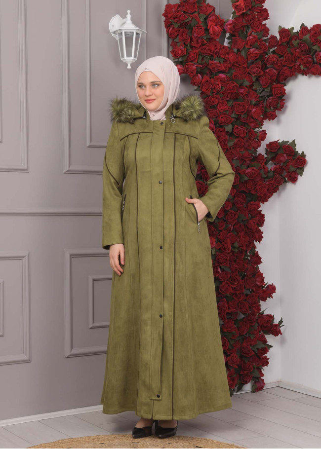 FURRY HOODED ZIPPERED OVERSIZED SUEDE TOPCOAT 1354 Haki