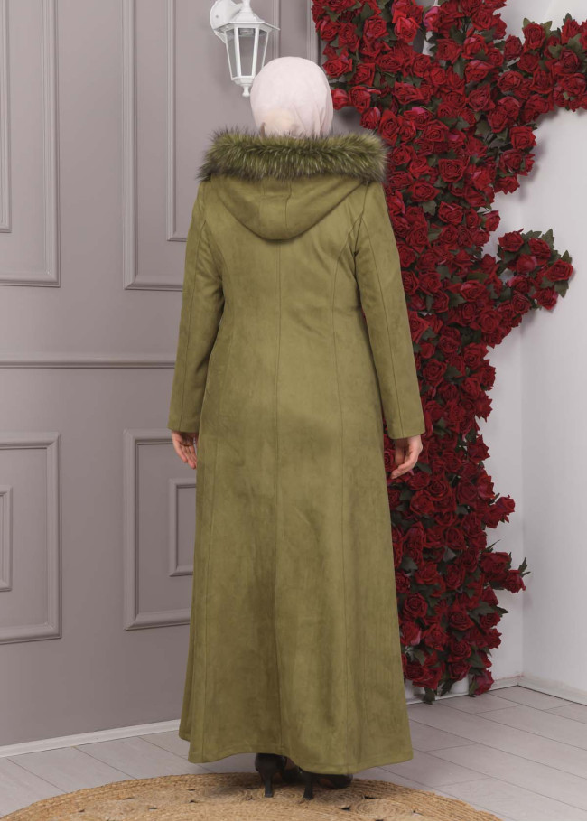 FURRY HOODED ZIPPERED OVERSIZED SUEDE TOPCOAT 1354 Haki