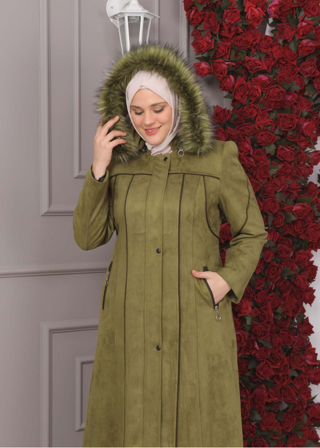 FURRY HOODED ZIPPERED OVERSIZED SUEDE TOPCOAT 1354 Haki