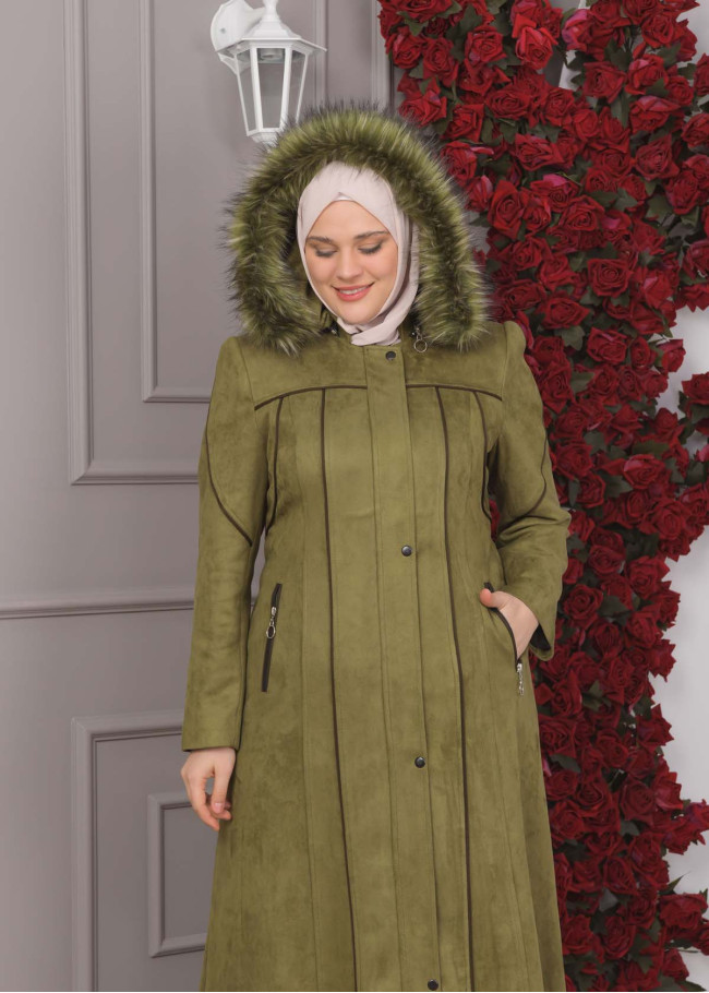 FURRY HOODED ZIPPERED OVERSIZED SUEDE TOPCOAT 1354 Haki