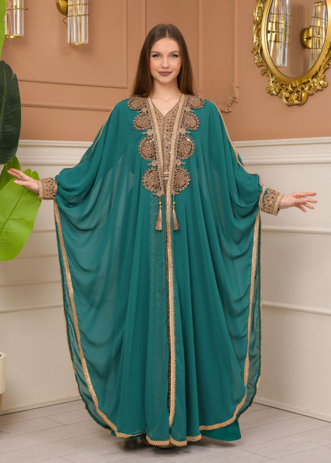 Belted Lace Dubai Kaftan Evening Dress 4106 - green