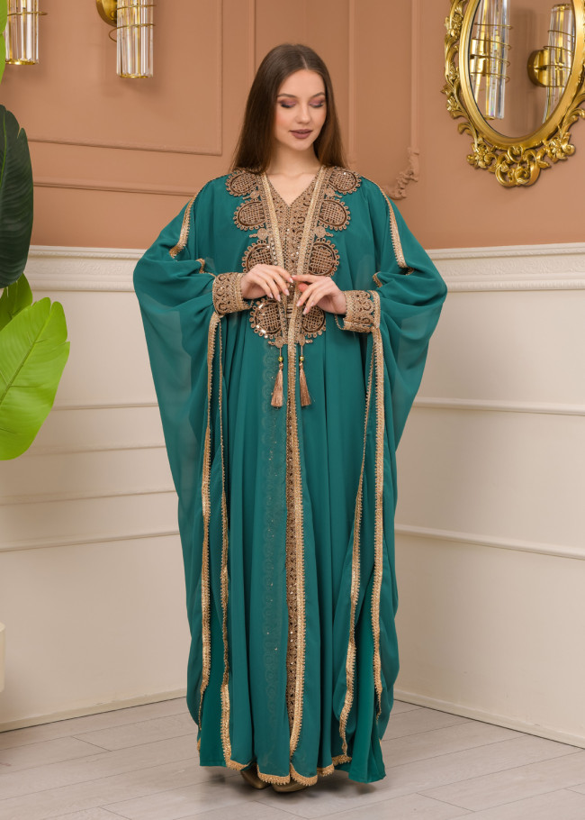 Belted Lace Dubai Kaftan Evening Dress 4106 - green
