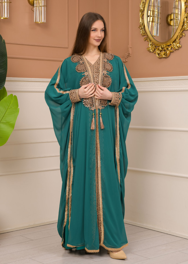 Belted Lace Dubai Kaftan Evening Dress 4106 - green