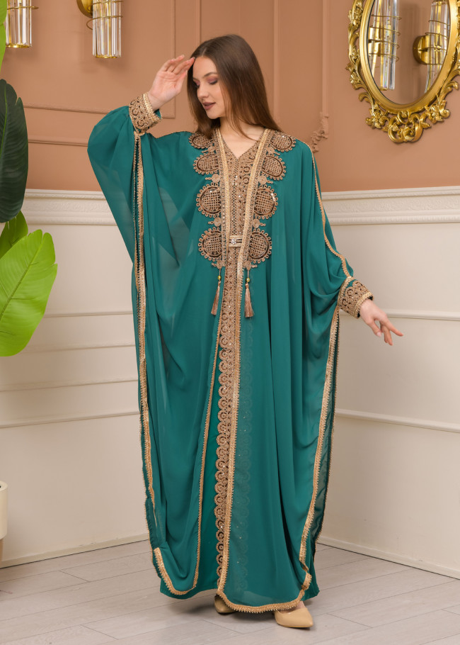 Belted Lace Dubai Kaftan Evening Dress 4106 - green
