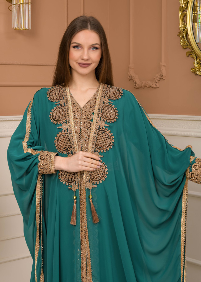 Belted Lace Dubai Kaftan Evening Dress 4106 - green