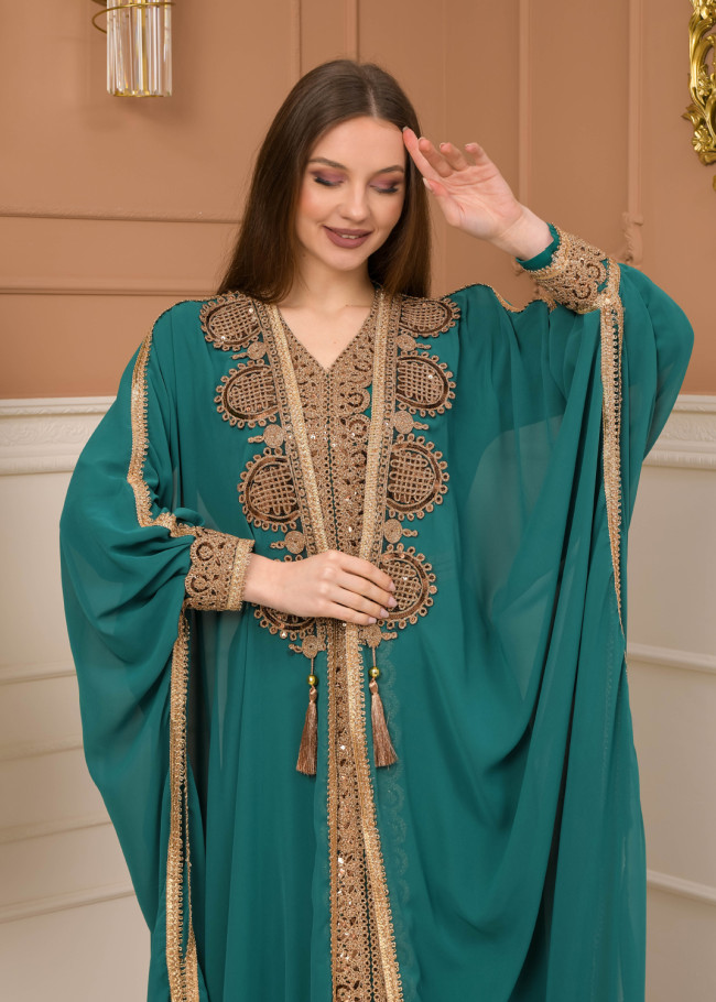 Belted Lace Dubai Kaftan Evening Dress 4106 - green