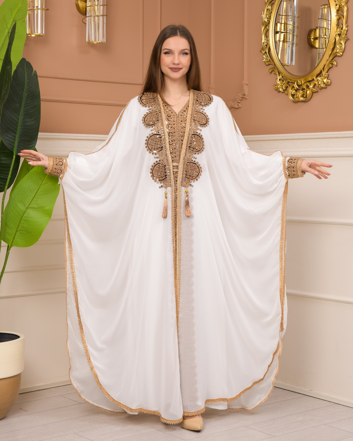 Long Sleeve Kaftan Linen Party Dress Belted Lace Dubai Kaftan