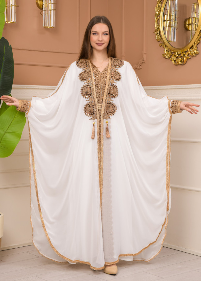 Belted Lace Dubai Kaftan Evening Dress 4106 - white