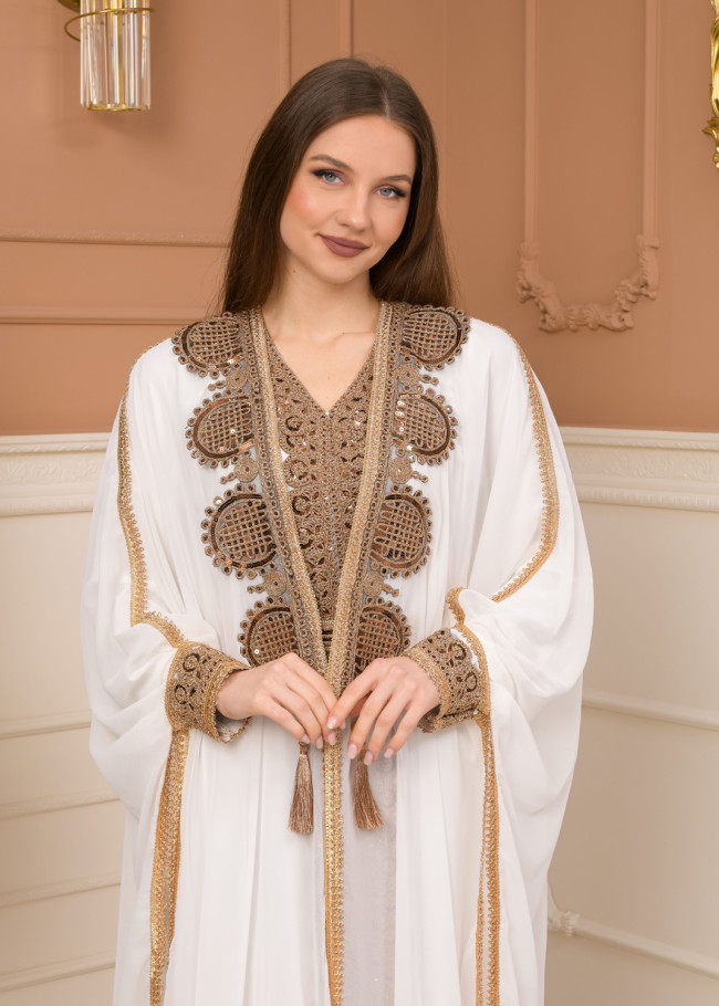 Belted Lace Dubai Kaftan Evening Dress 4106 - white