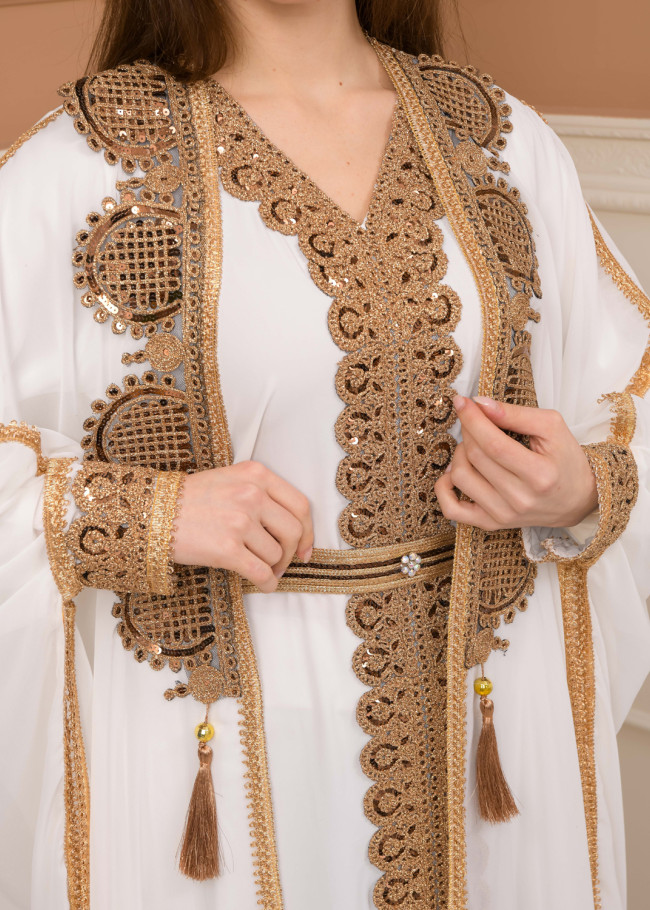 Belted Lace Dubai Kaftan Evening Dress 4106 - white