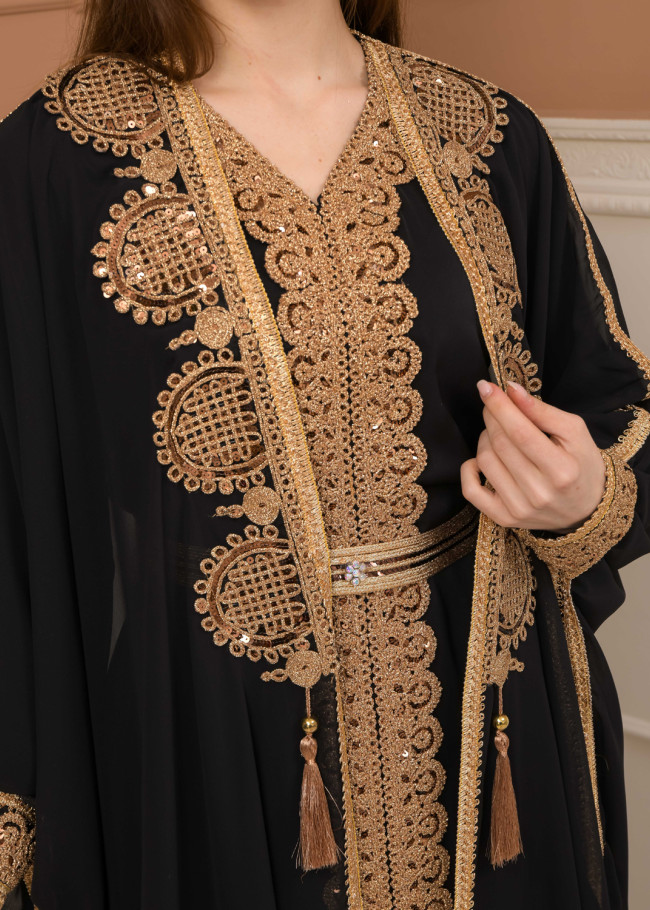 Kuşaklı Dantelli Dubai kaftan Abiye Elbise 4106 - Siyah