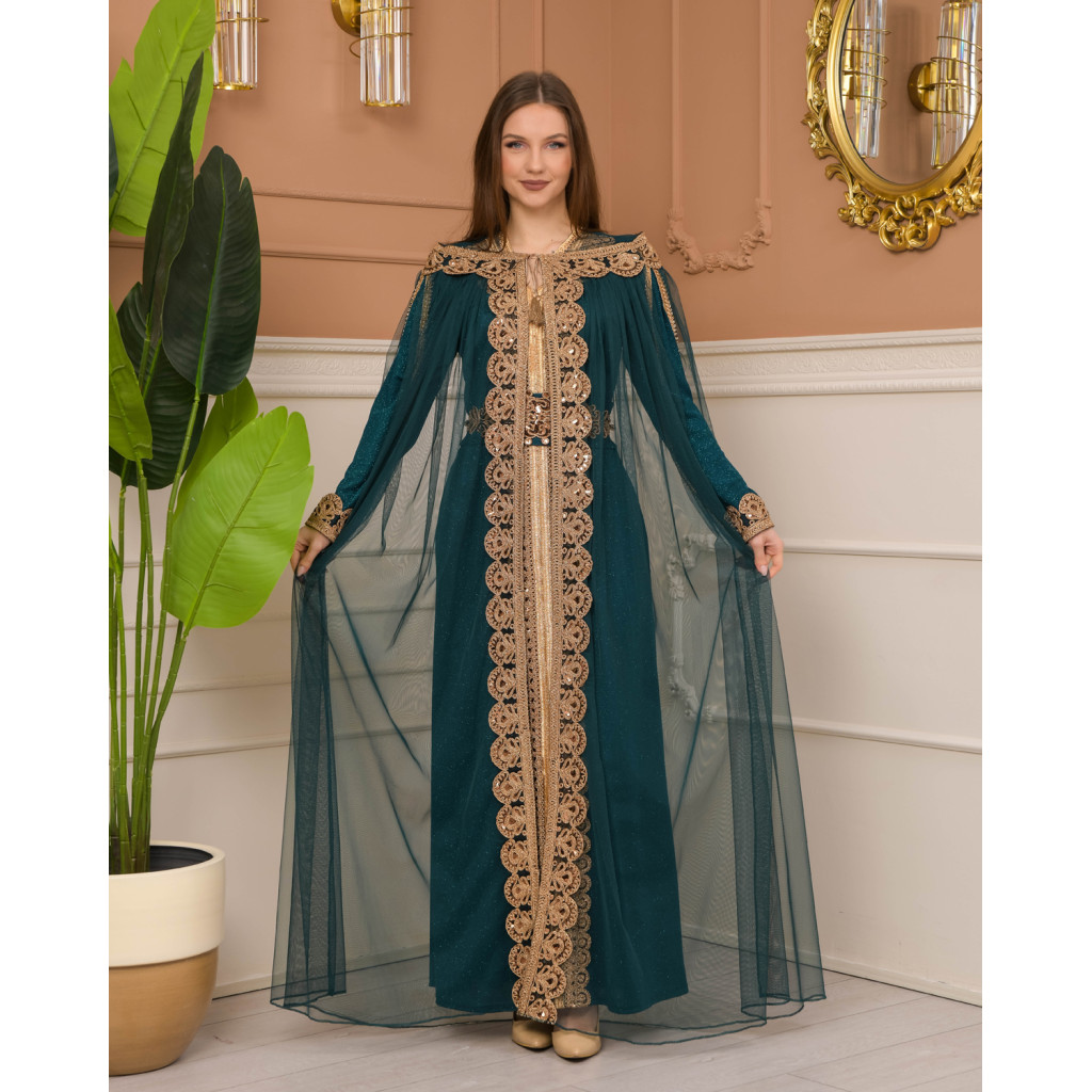 EMBELLISHED YOKE KAFTAN WITH BUSTIER&PANTS