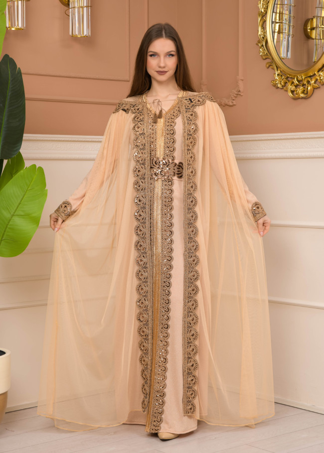 Kuşaklı Dantelli Simli kaftan Abiye Elbise 4107 - Bej