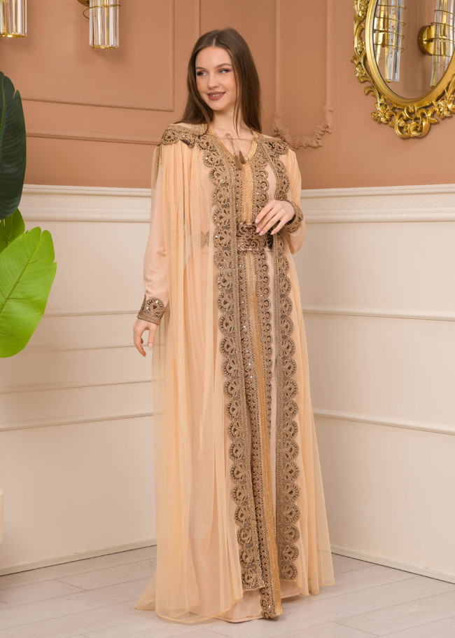 Kuşaklı Dantelli Simli kaftan Abiye Elbise 4107 - Bej