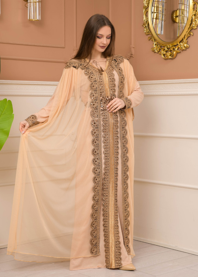 Kuşaklı Dantelli Simli kaftan Abiye Elbise 4107 - Bej