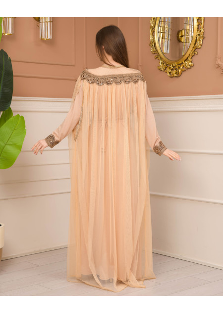 Belted, Lace, Silvery Caftan Evening Dress 4107 - beige