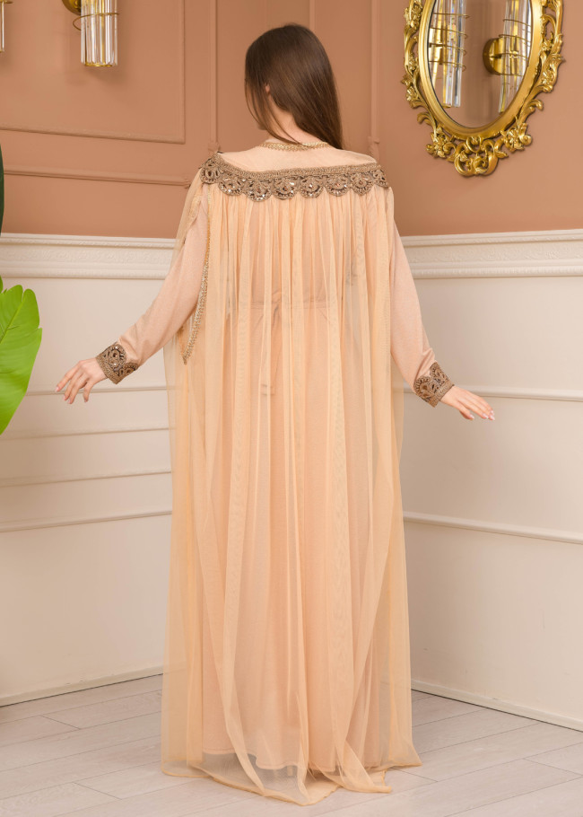 Kuşaklı Dantelli Simli kaftan Abiye Elbise 4107 - Bej