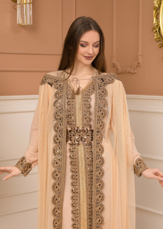 Kuşaklı Dantelli Simli kaftan Abiye Elbise 4107 - Bej