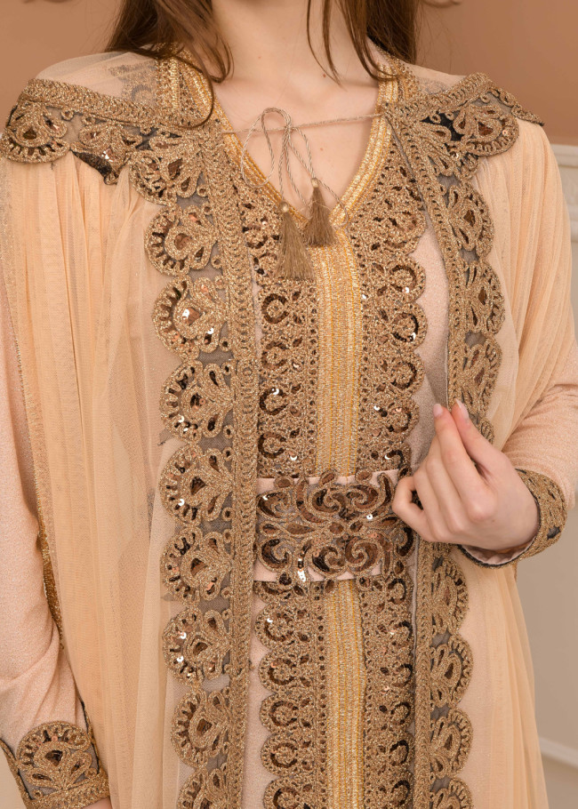 Kuşaklı Dantelli Simli kaftan Abiye Elbise 4107 - Bej