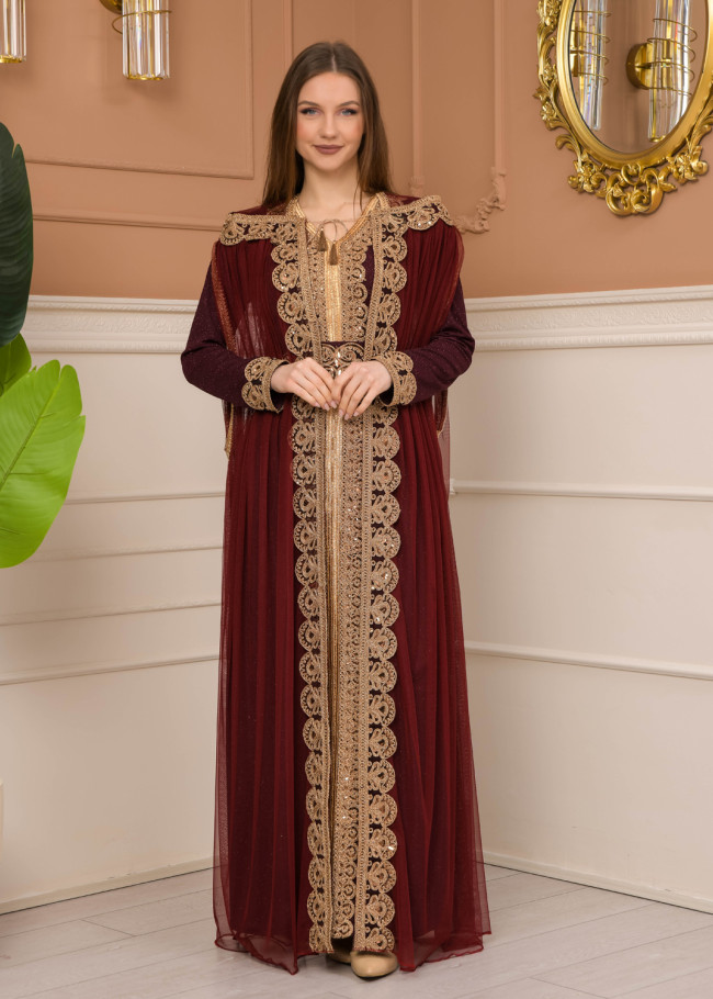 Belted, Lace, Silvery Caftan Evening Dress 4107 - burgundy