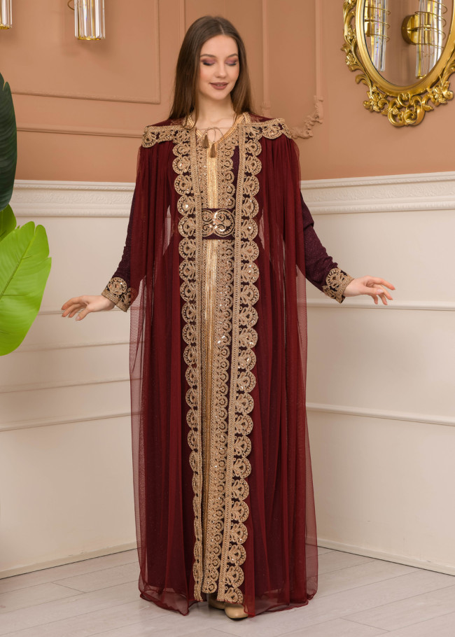 Belted, Lace, Silvery Caftan Evening Dress 4107 - burgundy