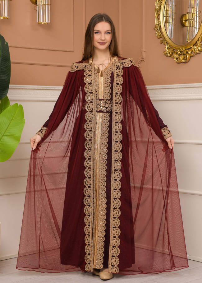 Belted, Lace, Silvery Caftan Evening Dress 4107 - burgundy