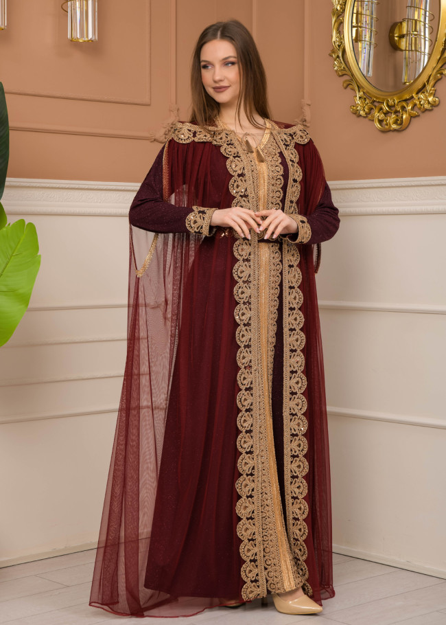 Belted, Lace, Silvery Caftan Evening Dress 4107 - burgundy
