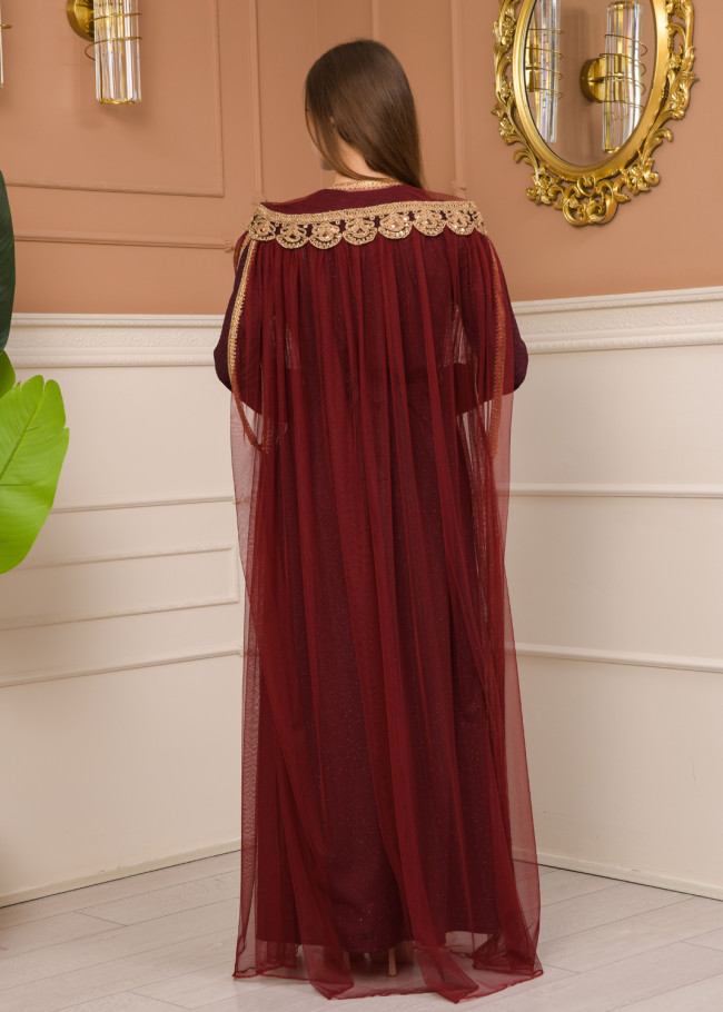 Belted, Lace, Silvery Caftan Evening Dress 4107 - burgundy