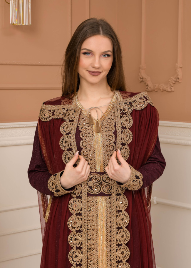 Belted, Lace, Silvery Caftan Evening Dress 4107 - burgundy