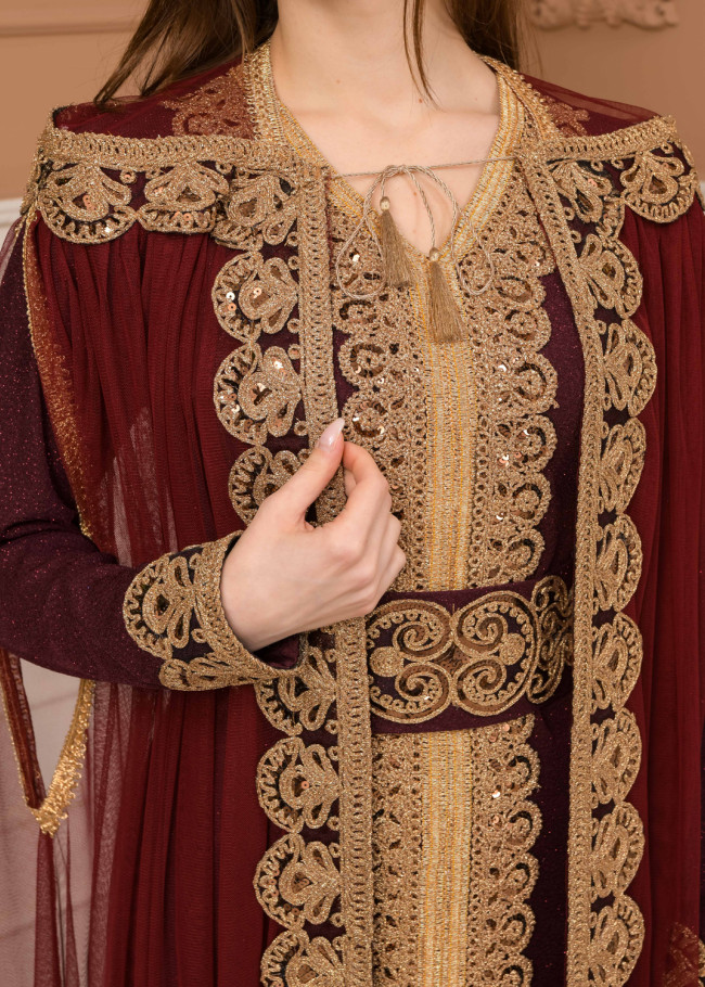 Belted, Lace, Silvery Caftan Evening Dress 4107 - burgundy