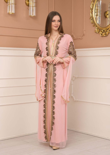 Belted, Lace, Silvery Caftan Evening Dress 4108 - pink