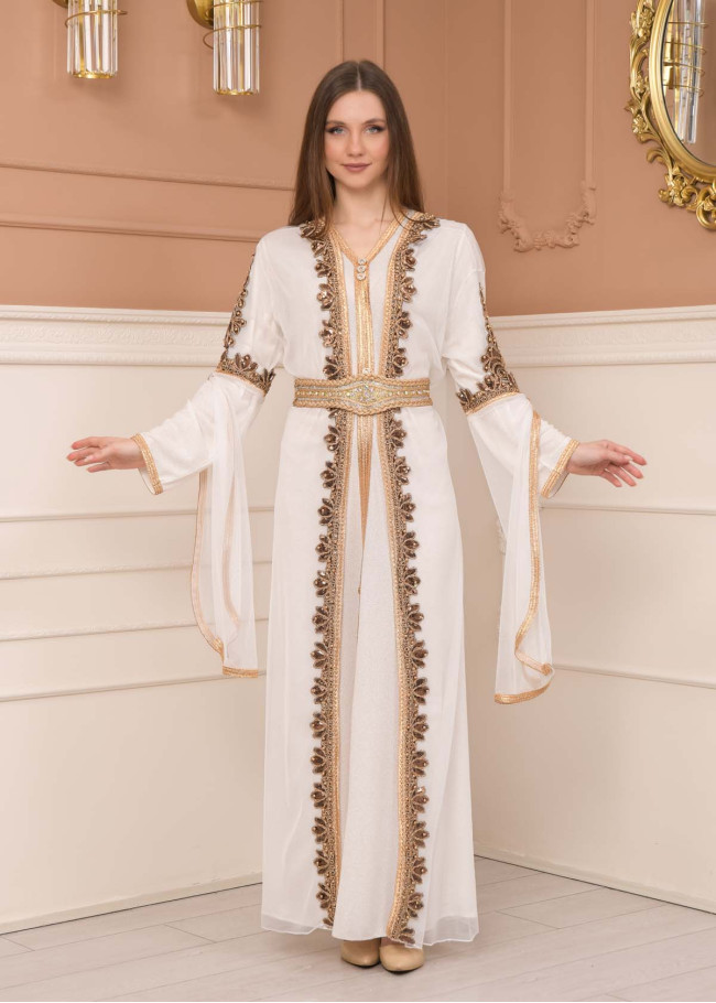 Kuşaklı Dantelli Simli kaftan Abiye Elbise 4108 - Beyaz