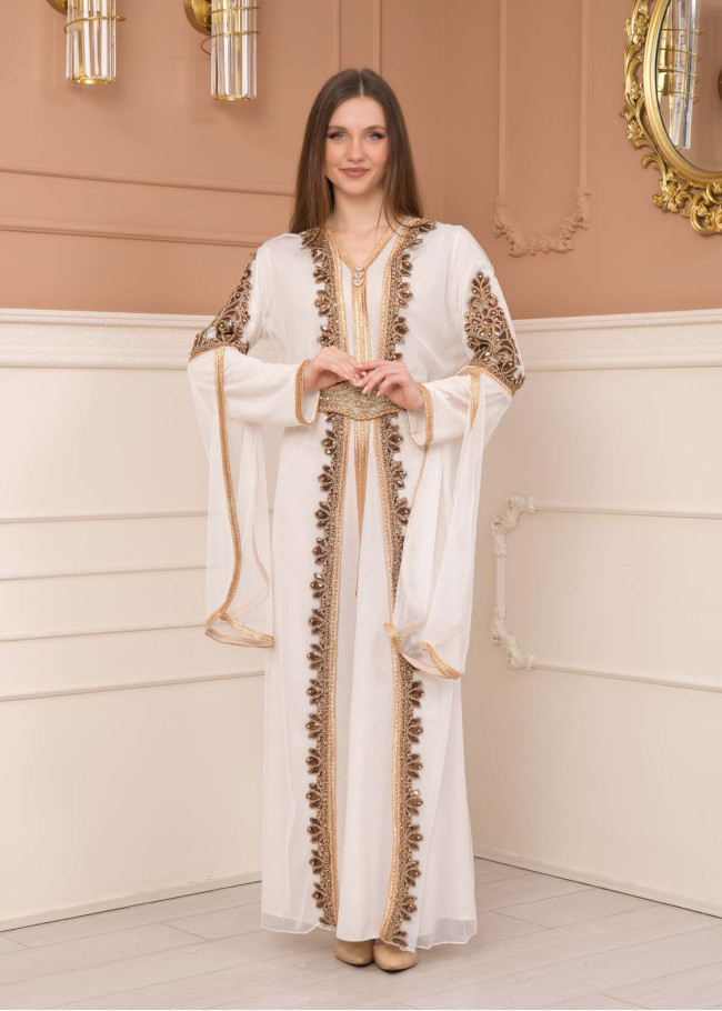 Kuşaklı Dantelli Simli kaftan Abiye Elbise 4108 - Beyaz
