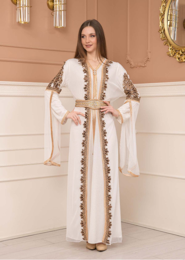 Kuşaklı Dantelli Simli kaftan Abiye Elbise 4108 - Beyaz