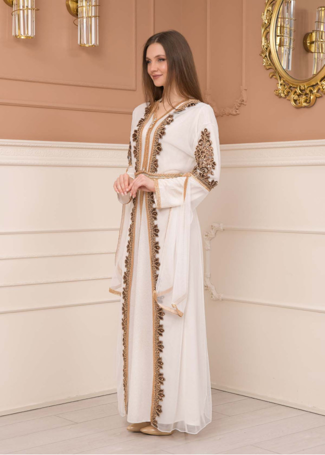 Kuşaklı Dantelli Simli kaftan Abiye Elbise 4108 - Beyaz