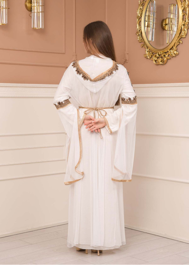Kuşaklı Dantelli Simli kaftan Abiye Elbise 4108 - Beyaz