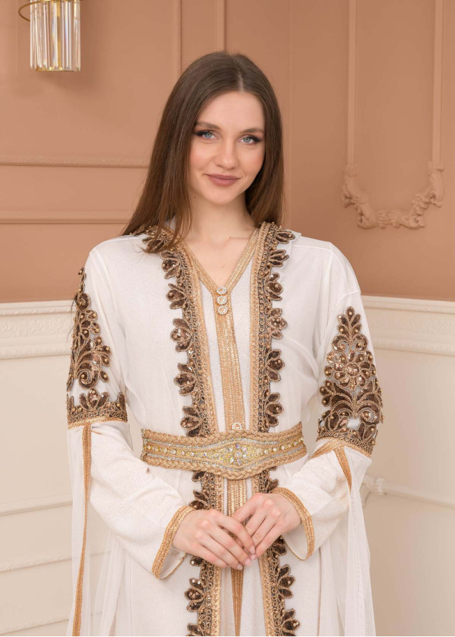 Kuşaklı Dantelli Simli kaftan Abiye Elbise 4108 - Beyaz