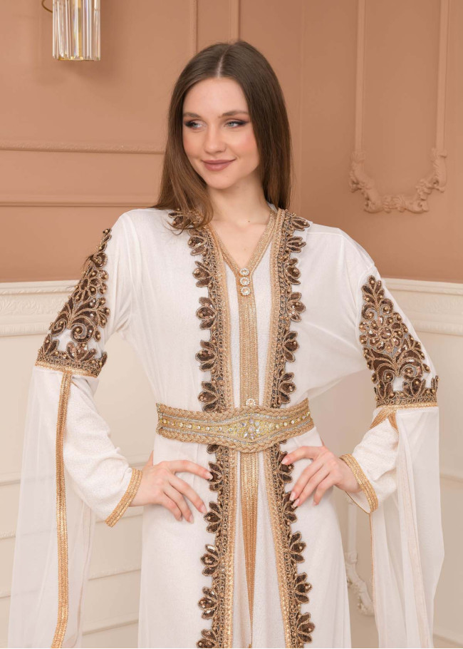 Kuşaklı Dantelli Simli kaftan Abiye Elbise 4108 - Beyaz